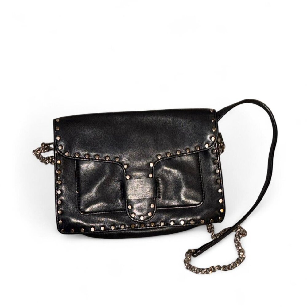 Rebecca Minkoff Black leather shoulder bag with silver studs #leatherbag